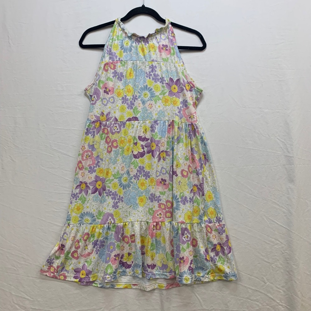 Loveu.Dear Floral Halter Mini Dress Womens Small Purple Yellow Tiered Babydoll